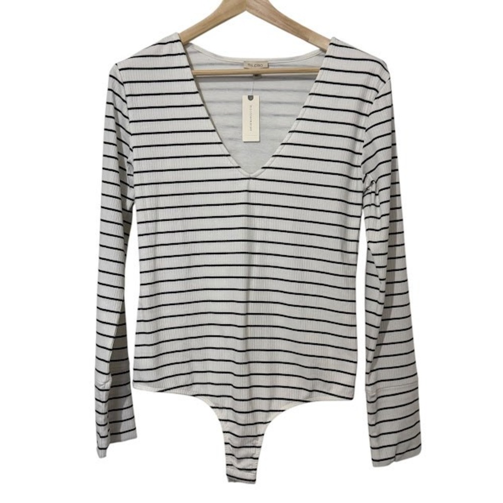 New Tags‎ Anthropologie Pilcro Black White Stripe Ribbed Long Sleeve Bodysuit XL
